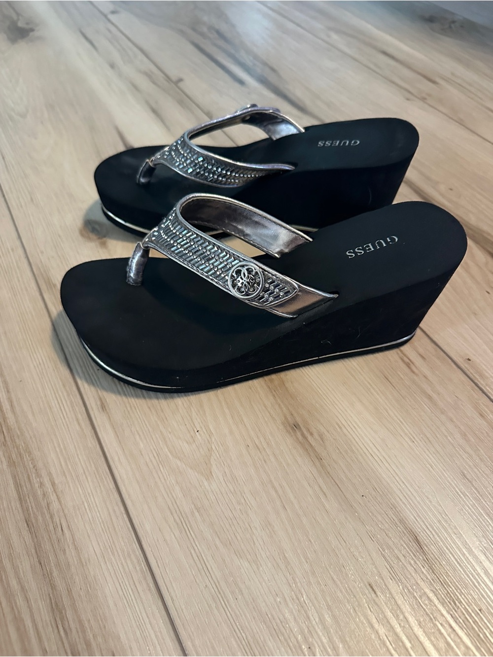 GUESS Black Wedge Sandals with Silver Metallic Straps